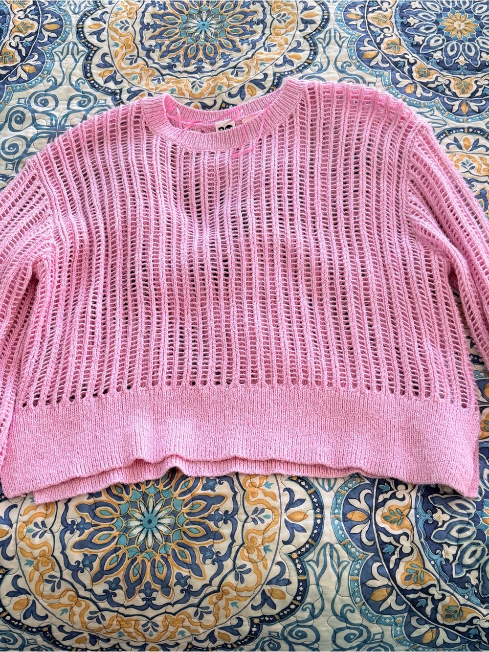 Roxy Pink Open-Weave Crewneck Sweater